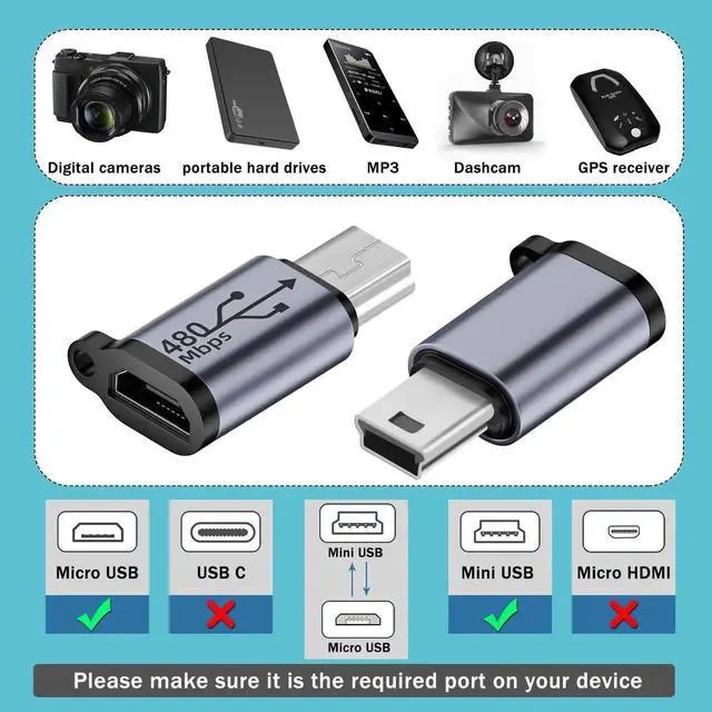 Alt view image 6 of 6 - 2Pcs Mini USB Male to Micro USB Female Adapter, Al Alloy Hook Hole USB2.0 Charging Data Connector, 480Mbps 18W 9V/2A for Digital Camera MP3 Mobile Hard Drive