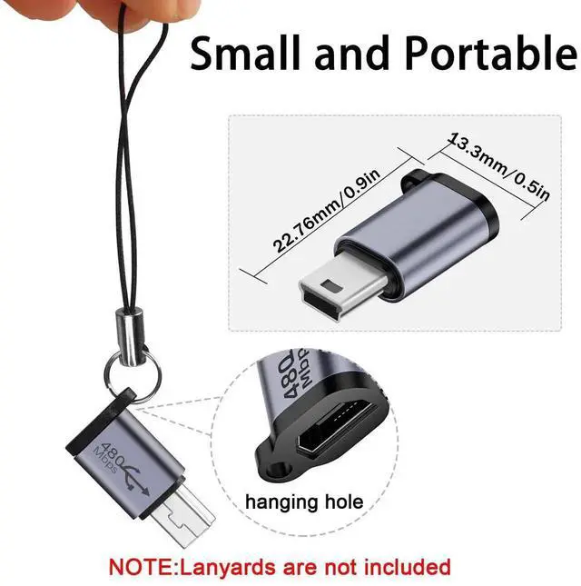 Alt view image 4 of 6 - 2Pcs Mini USB Male to Micro USB Female Adapter, Al Alloy Hook Hole USB2.0 Charging Data Connector, 480Mbps 18W 9V/2A for Digital Camera MP3 Mobile Hard Drive
