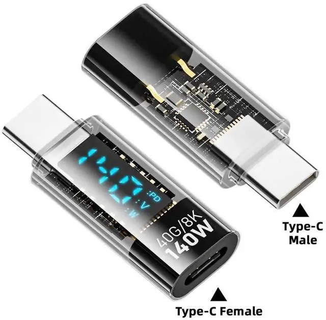 Alt view image 5 of 7 - USB4.0 Type-C Digital Display Extension Adapter, Transparent Shell Male to Female Extender, 140W PD Fast Charging Current Voltage Monitor Tester with Smart LED Display