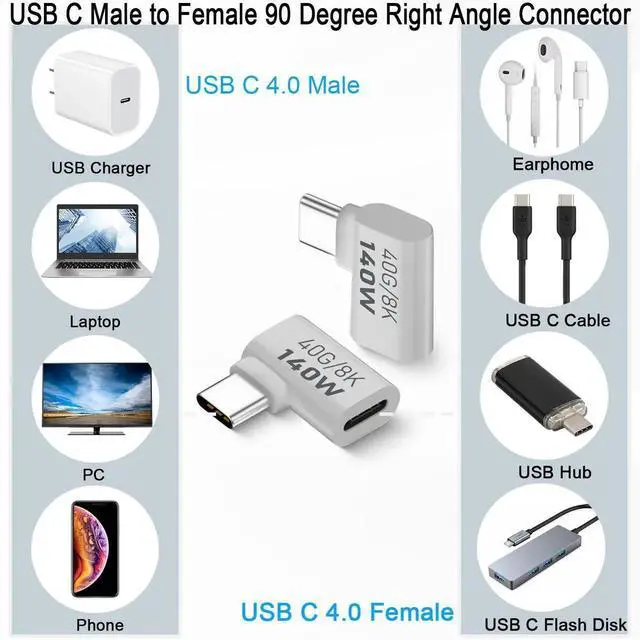 Alt view image 4 of 7 - 2Pcs Side Bend 90° USB4.0 Type-C Right Angle Adapter, Al Alloy Hull 140W PD 40Gbps Extender, 8K@60Hz Male to Female Connector for Phone Tablet Steam Deck