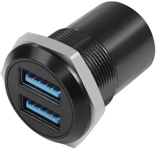 Main image of Dual Threaded USB3.0 Panel Mount Adapter, 2-Port Female to Female Round Fixed Connector, 5Gbps Data Transfer & 5V 2A Charging Converter