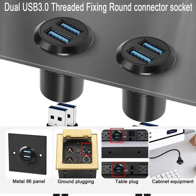 Alt view image 2 of 7 - Dual Threaded USB3.0 Panel Mount Adapter, 2-Port Female to Female Round Fixed Connector, 5Gbps Data Transfer & 5V 2A Charging Converter