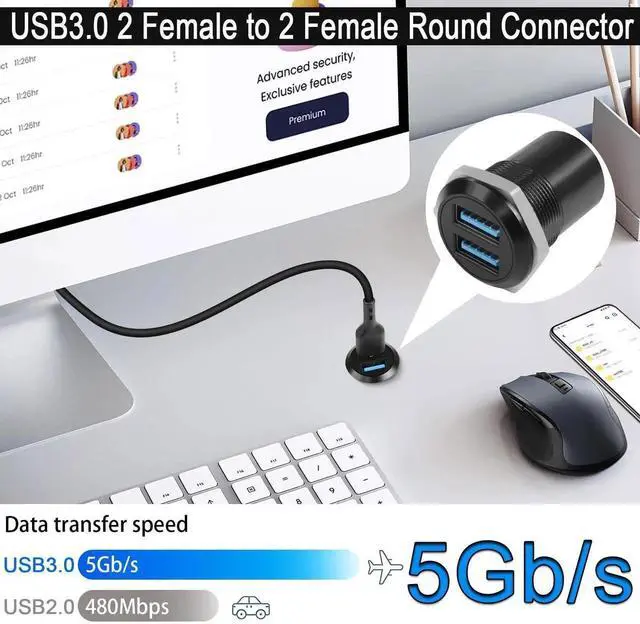 Alt view image 7 of 7 - Dual Threaded USB3.0 Panel Mount Adapter, 2-Port Female to Female Round Fixed Connector, 5Gbps Data Transfer & 5V 2A Charging Converter