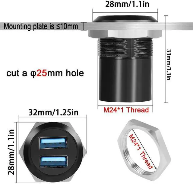 Alt view image 4 of 7 - Dual Threaded USB3.0 Panel Mount Adapter, 2-Port Female to Female Round Fixed Connector, 5Gbps Data Transfer & 5V 2A Charging Converter