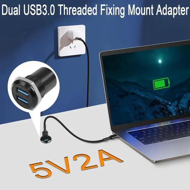 Alt view image 5 of 7 - Dual Threaded USB3.0 Panel Mount Adapter, 2-Port Female to Female Round Fixed Connector, 5Gbps Data Transfer & 5V 2A Charging Converter
