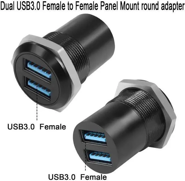 Alt view image 6 of 7 - Dual Threaded USB3.0 Panel Mount Adapter, 2-Port Female to Female Round Fixed Connector, 5Gbps Data Transfer & 5V 2A Charging Converter