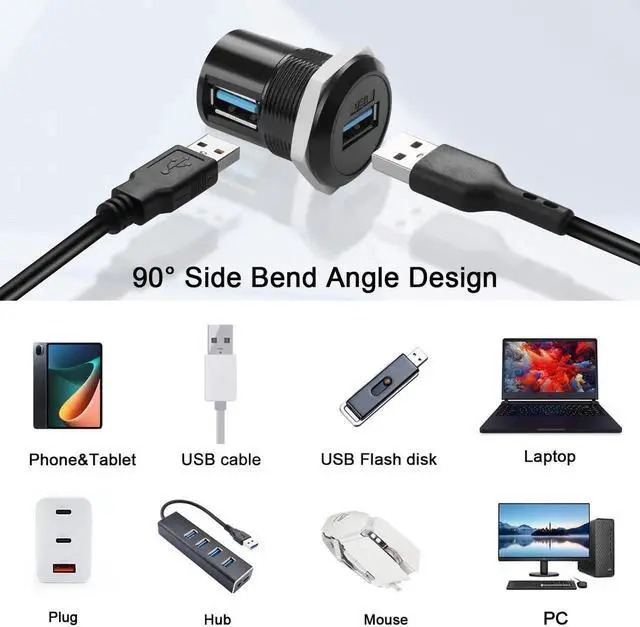 Alt view image 7 of 7 - 90 Degree USB3.0 Female to Female Panel Mount Corner Adapter, Right Angle Embedded Mounting Socket, 5Gbps Data Transfer & 5V 2A Charging