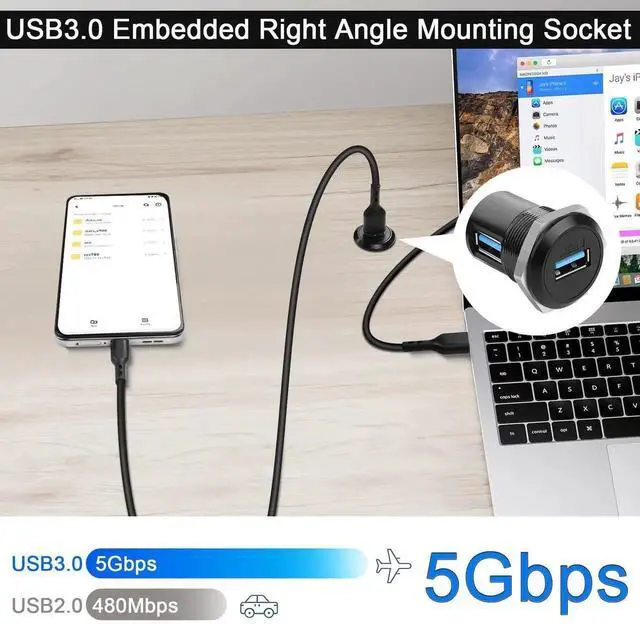 Alt view image 4 of 7 - 90 Degree USB3.0 Female to Female Panel Mount Corner Adapter, Right Angle Embedded Mounting Socket, 5Gbps Data Transfer & 5V 2A Charging