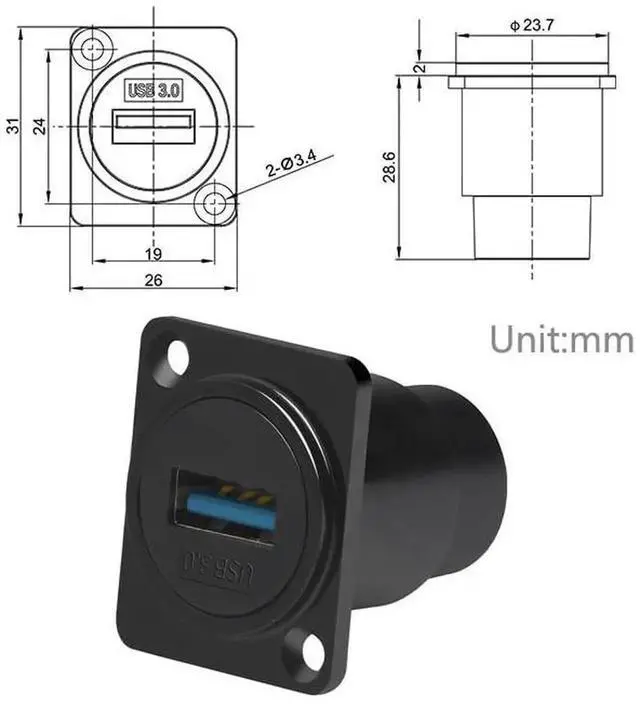 Alt view image 4 of 6 - USB 3.0 D-Type Panel Mount Adapter, Female to Female Connector with Waterproof Dust Cover, 5Gbps High Speed Data Transfer for External Hard Drive, Mouse, Keyboard