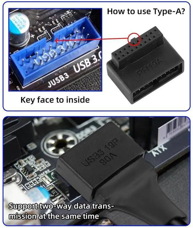 Alt view image 3 of 6 - 2-Pack 90 Degree Up & Down Angled USB 3.0 Motherboard Adapter, 19Pin/20Pin L-Turn Male to Female Internal Header Extension Socket for Desktop PC