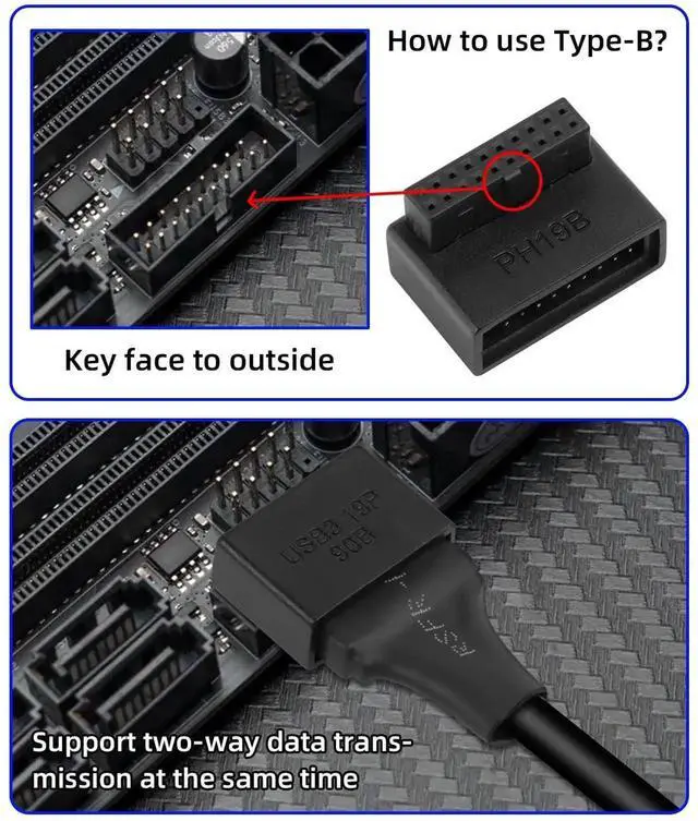 Alt view image 2 of 6 - 2-Pack 90 Degree Up & Down Angled USB 3.0 Motherboard Adapter, 19Pin/20Pin L-Turn Male to Female Internal Header Extension Socket for Desktop PC