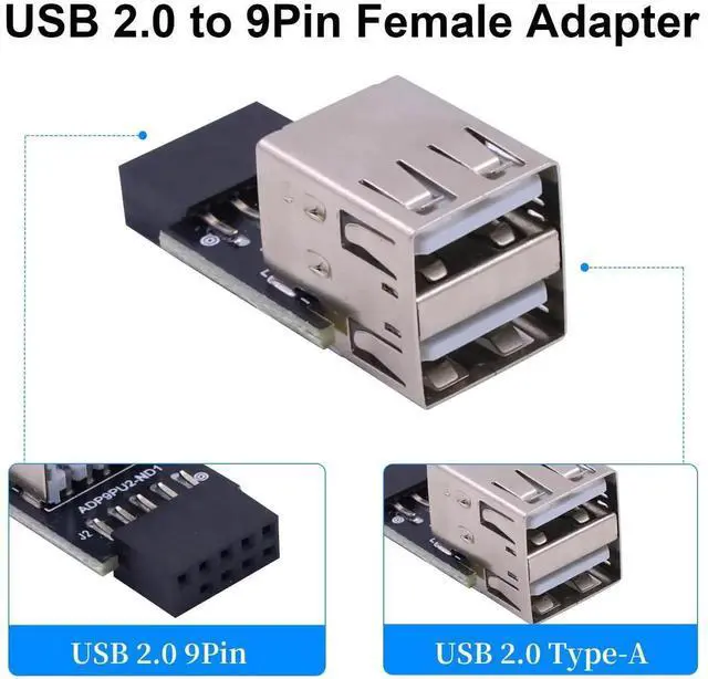 Alt view image 3 of 7 - 2-Pack 9Pin USB 2.0 Motherboard Header Adapter, Female to Dual Type A Female Extension Connector Compatible for Computer Motherboard