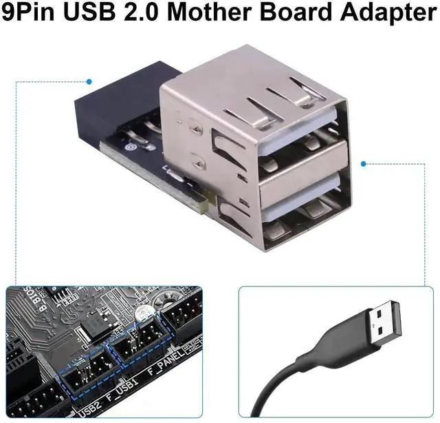 Alt view image 7 of 7 - 2-Pack 9Pin USB 2.0 Motherboard Header Adapter, Female to Dual Type A Female Extension Connector Compatible for Computer Motherboard