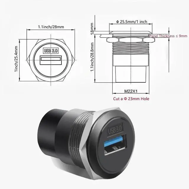 Alt view image 6 of 6 - 1-Pack Black USB3.0 Female to Female Panel Mount Adapter, 5Gbps High-Speed Waterproof Dustproof Round Data Connector for Data Transfer & Charging