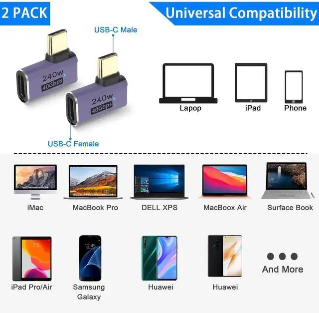 Alt view image 5 of 7 - 2 Pcs Side Bend 90 Degree USB4.0 Type C Angle Adapter, 240W 40Gbps Male to Female Right Angle Connector with LED Indicator, 8K Audio Video Transfer for Smartphone Tablet Steam Deck