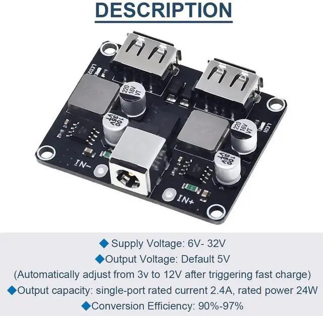 Alt view image 7 of 7 - 2 Pcs DC-DC Buck Converter Step-Down Module, 6-32V to 5V Dual USB QC3.0 QC2.0 Fast Charging Circuit Board with DC Power Cable