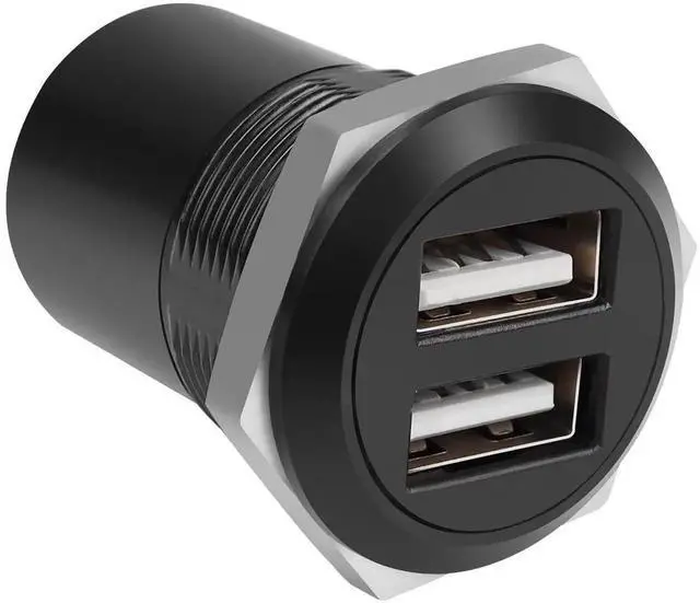 Main image of Dual USB2.0 Threaded Fixed Round Connector, 2 Ports Female to Female Panel Mount Flush Mount Socket for Data Transfer and Charging External USB Auxiliary Devices