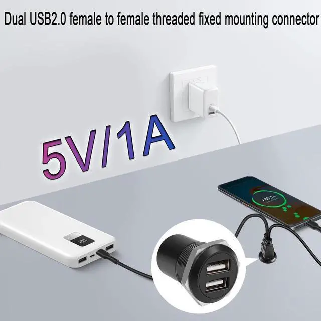 Alt view image 6 of 7 - Dual USB2.0 Threaded Fixed Round Connector, 2 Ports Female to Female Panel Mount Flush Mount Socket for Data Transfer and Charging External USB Auxiliary Devices