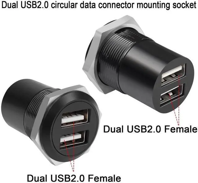 Alt view image 2 of 7 - Dual USB2.0 Threaded Fixed Round Connector, 2 Ports Female to Female Panel Mount Flush Mount Socket for Data Transfer and Charging External USB Auxiliary Devices