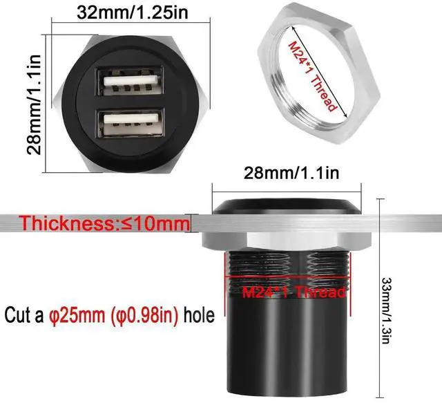 Alt view image 3 of 7 - Dual USB2.0 Threaded Fixed Round Connector, 2 Ports Female to Female Panel Mount Flush Mount Socket for Data Transfer and Charging External USB Auxiliary Devices