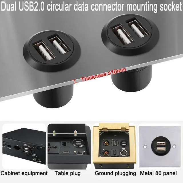 Alt view image 7 of 7 - Dual USB2.0 Threaded Fixed Round Connector, 2 Ports Female to Female Panel Mount Flush Mount Socket for Data Transfer and Charging External USB Auxiliary Devices