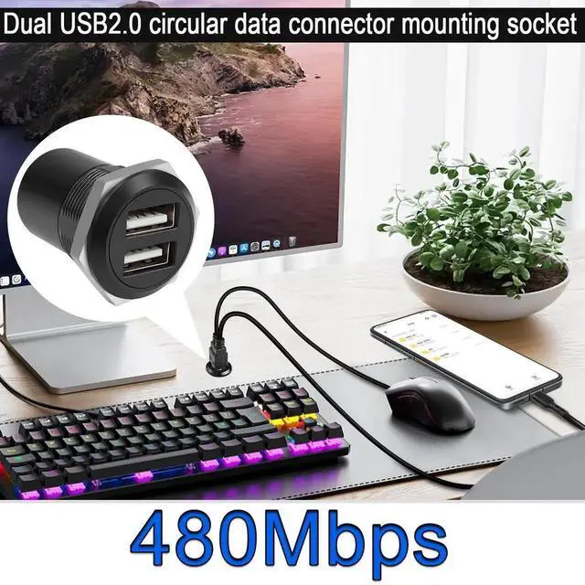 Alt view image 4 of 7 - Dual USB2.0 Threaded Fixed Round Connector, 2 Ports Female to Female Panel Mount Flush Mount Socket for Data Transfer and Charging External USB Auxiliary Devices