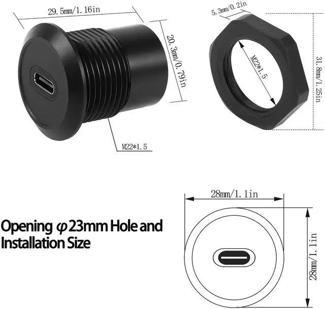 Alt view image 5 of 7 - USB 3.1 Type-C Threaded Fixed Panel Mount Coupler, Female to Female Flush Mount Connector, 10Gbps Data 100W PD Charging Adapter for Dashboard Equipment Panel Installation