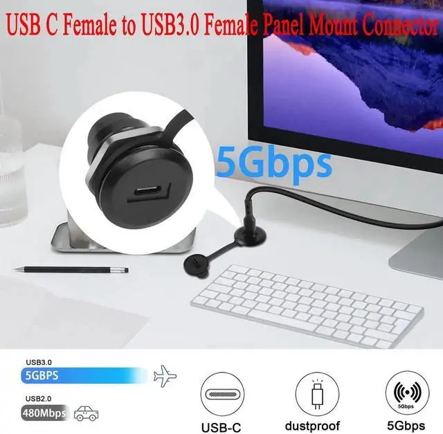 Alt view image 3 of 7 - USB C to USB 3.0 Threaded Panel Mount Connector, Round Embedded Fixed Adapter, USB-C Female to USB 3.0 Female 5Gbps Coupler with Waterproof Dust Cap