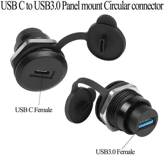 Alt view image 6 of 7 - USB C to USB 3.0 Threaded Panel Mount Connector, Round Embedded Fixed Adapter, USB-C Female to USB 3.0 Female 5Gbps Coupler with Waterproof Dust Cap