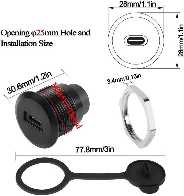 Alt view image 5 of 7 - USB C to USB 3.0 Threaded Panel Mount Connector, Round Embedded Fixed Adapter, USB-C Female to USB 3.0 Female 5Gbps Coupler with Waterproof Dust Cap