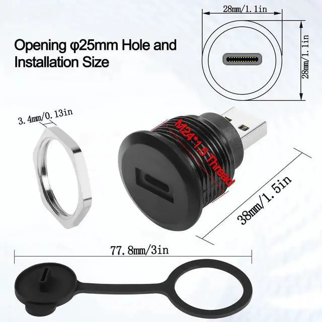 Alt view image 7 of 7 - USB 3.0 Male to USB C Female Circular Panel Mount Socket, 5Gbps Data Transfer Waterproof Dustproof USB-C Adapter Mount Connector