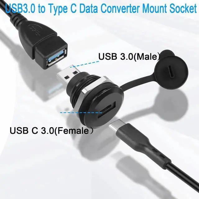 Alt view image 5 of 7 - USB 3.0 Male to USB C Female Circular Panel Mount Socket, 5Gbps Data Transfer Waterproof Dustproof USB-C Adapter Mount Connector