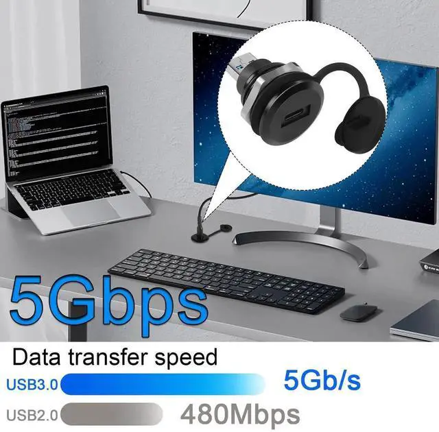 Alt view image 2 of 7 - USB 3.0 Male to USB C Female Circular Panel Mount Socket, 5Gbps Data Transfer Waterproof Dustproof USB-C Adapter Mount Connector