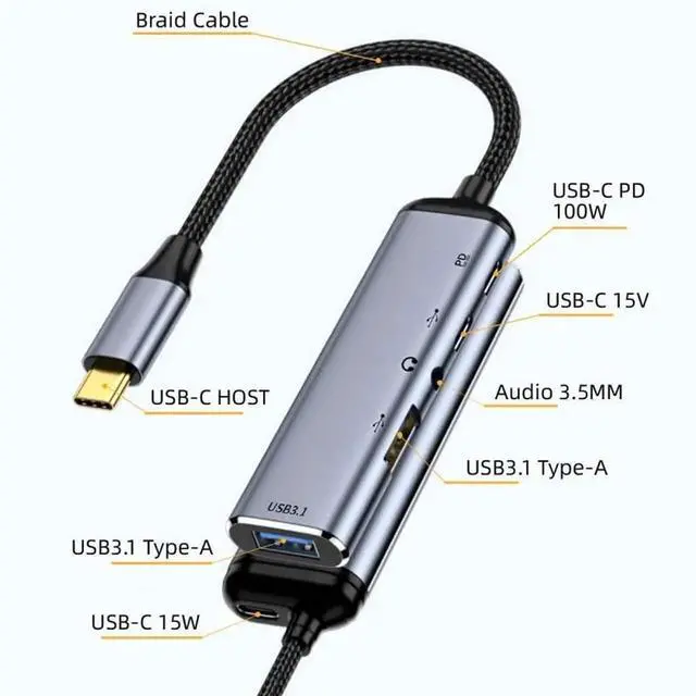 Alt view image 3 of 7 - USB-C Multiport Adapter, Type C to 3.5mm Audio Jack + Dual USB 3.0 HUB with 100W PD Charging Port