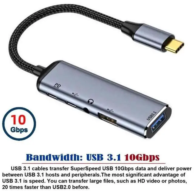 Alt view image 2 of 7 - USB-C Multiport Adapter, Type C to 3.5mm Audio Jack + Dual USB 3.0 HUB with 100W PD Charging Port