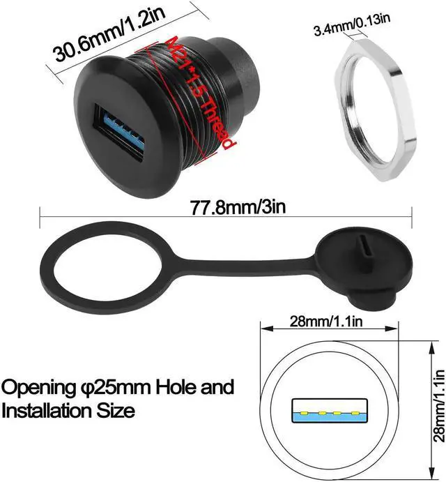 Alt view image 3 of 7 - USB 3.0 Female to USB C Female Round Panel Mount Connector, 5Gbps Embedded Threaded Fixed Adapter with Waterproof Dust Cap