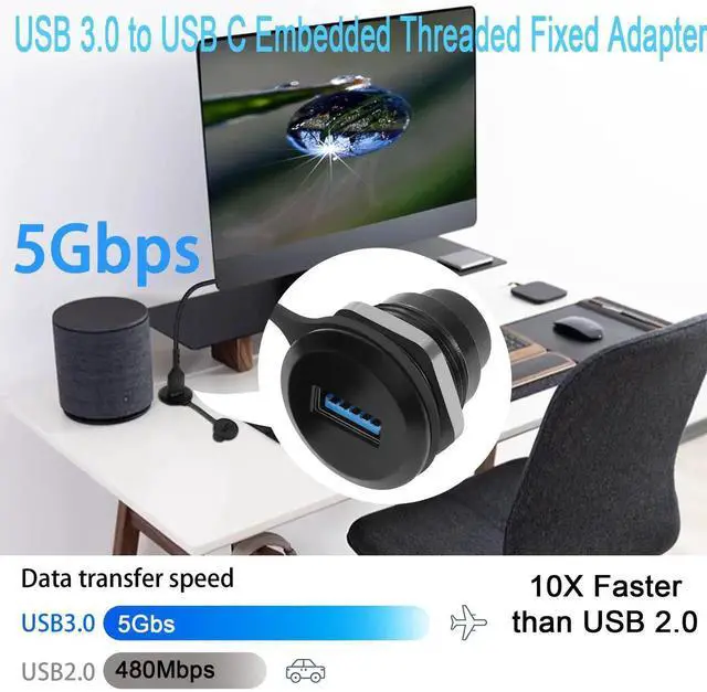 Alt view image 2 of 7 - USB 3.0 Female to USB C Female Round Panel Mount Connector, 5Gbps Embedded Threaded Fixed Adapter with Waterproof Dust Cap