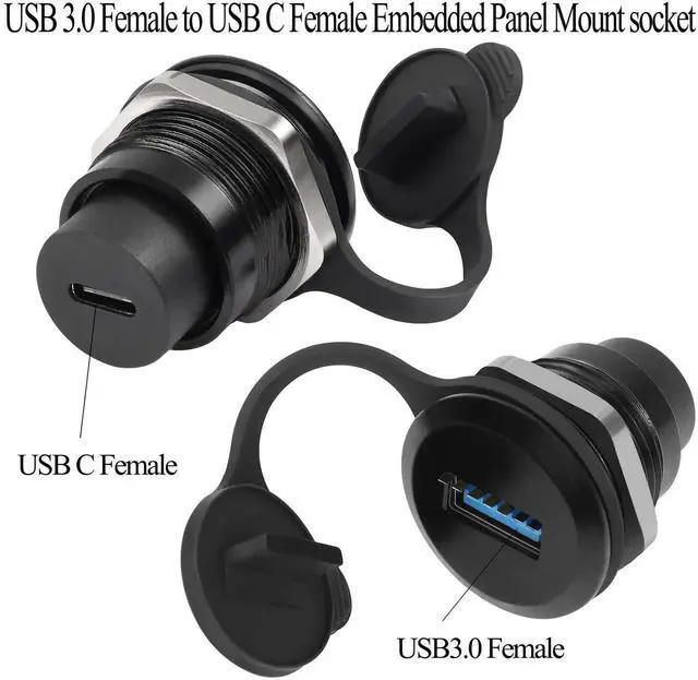Alt view image 6 of 7 - USB 3.0 Female to USB C Female Round Panel Mount Connector, 5Gbps Embedded Threaded Fixed Adapter with Waterproof Dust Cap