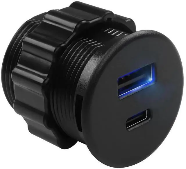 Main image of 2 Port Round Threaded Panel Mount Charging Socket, 15W USB C + USB A Embedded Fast Charging Adapter, 5V 3.1A LED Indicator Mount Connector for Furniture Desktop, Black, Only for Charging Not Data Tran