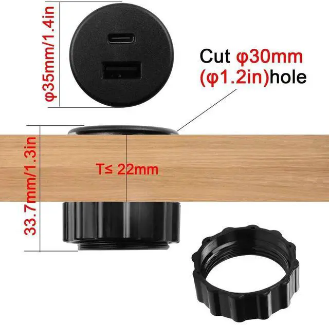 Alt view image 4 of 7 - 2 Port Round Threaded Panel Mount Charging Socket, 15W USB C + USB A Embedded Fast Charging Adapter, 5V 3.1A LED Indicator Mount Connector for Furniture Desktop, Black, Only for Charging Not Data Tran