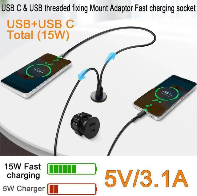 Alt view image 5 of 7 - 2 Port Round Threaded Panel Mount Charging Socket, 15W USB C + USB A Embedded Fast Charging Adapter, 5V 3.1A LED Indicator Mount Connector for Furniture Desktop, Black, Only for Charging Not Data Tran