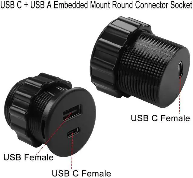 Alt view image 6 of 7 - 2 Port Round Threaded Panel Mount Charging Socket, 15W USB C + USB A Embedded Fast Charging Adapter, 5V 3.1A LED Indicator Mount Connector for Furniture Desktop, Black, Only for Charging Not Data Tran