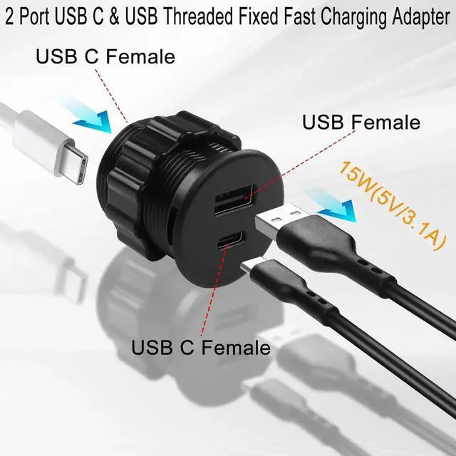 Alt view image 7 of 7 - 2 Port Round Threaded Panel Mount Charging Socket, 15W USB C + USB A Embedded Fast Charging Adapter, 5V 3.1A LED Indicator Mount Connector for Furniture Desktop, Black, Only for Charging Not Data Tran