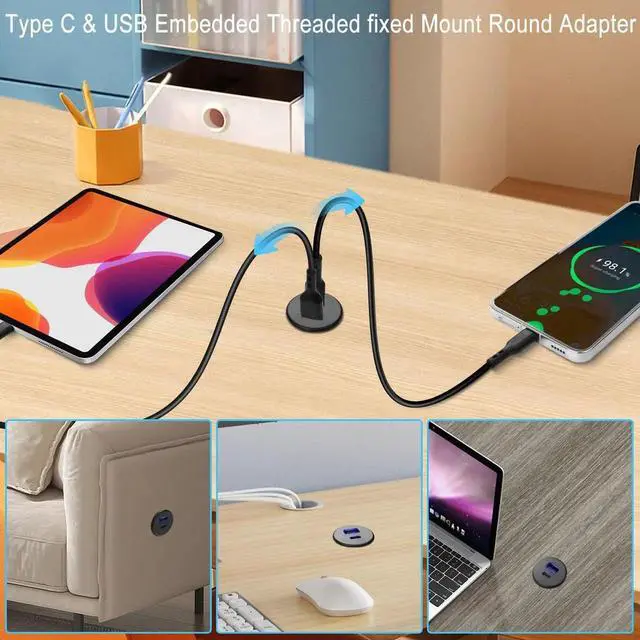 Alt view image 3 of 7 - 2 Port Round Threaded Panel Mount Charging Socket, 15W USB C + USB A Embedded Fast Charging Adapter, 5V 3.1A LED Indicator Mount Connector for Furniture Desktop, Black, Only for Charging Not Data Tran