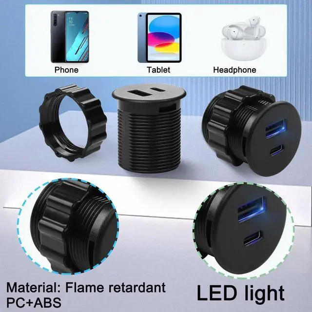 Alt view image 2 of 7 - 2 Port Round Threaded Panel Mount Charging Socket, 15W USB C + USB A Embedded Fast Charging Adapter, 5V 3.1A LED Indicator Mount Connector for Furniture Desktop, Black, Only for Charging Not Data Tran