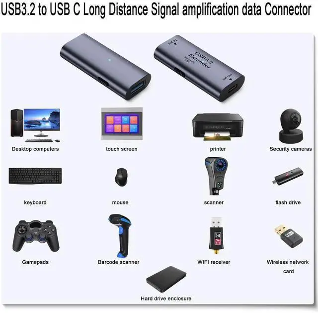 Alt view image 5 of 7 - USB3.2 to USB-C Extension Adapter, 10m/32.8ft Long Distance Signal Amplification Extender, 5Gbps Data Transfer, 5V/3A 15W Charging Support
