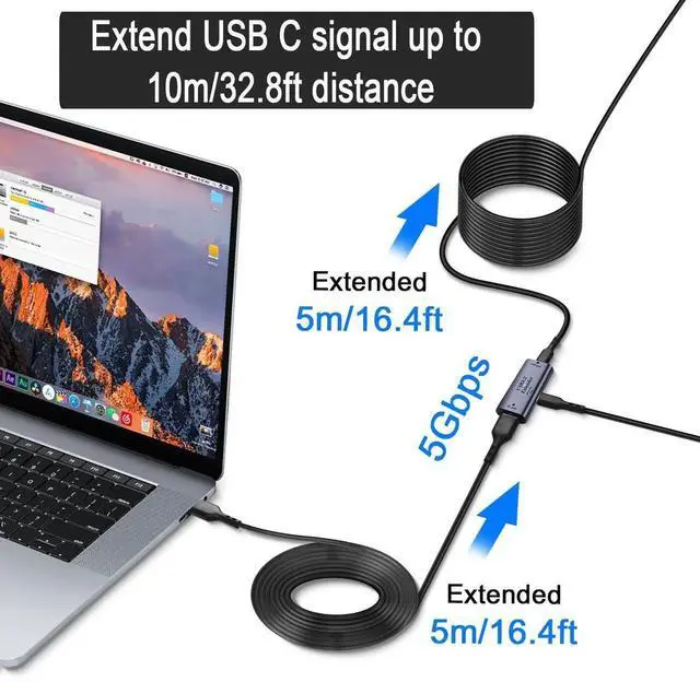 Alt view image 6 of 7 - USB3.2 to USB-C Extension Adapter, 10m/32.8ft Long Distance Signal Amplification Extender, 5Gbps Data Transfer, 5V/3A 15W Charging Support