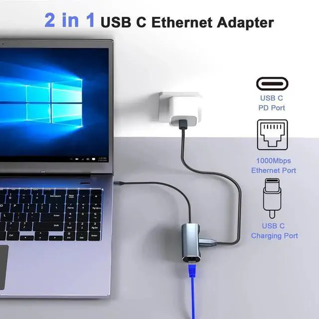 Alt view image 7 of 7 - USB C to Gigabit Ethernet Adapter with 100W PD Charging Port, 1000Mbps LAN Network Converter Compatible for Chromecast with Google TV HD/4K, Laptop and Streaming TV Sticks