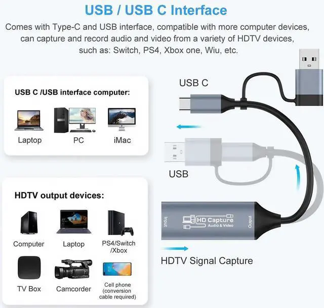 Alt view image 7 of 7 - HDMI to USB USB-C Video Capture Card, 1080P 60fps Game Capture Device for Streaming Recording, Compatible with Windows Quest 3 Switch OBS PS4 PS5