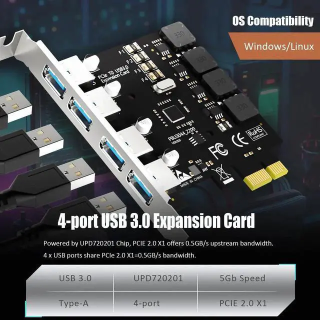 Alt view image 4 of 7 - U3044 4-Port USB 3.0 Type-A PCIe Expansion Card, 5Gbps PCIe x1 Adapter Compatible with Intel AMD ARM Platform, Support Windows Linux, Not for Mac OS